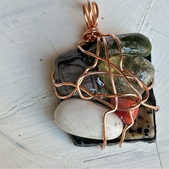 Necklace Pendant, Handmade assemblage Wire Wrapped real Stones Resin Set 4300 G - Picture 2 of 9